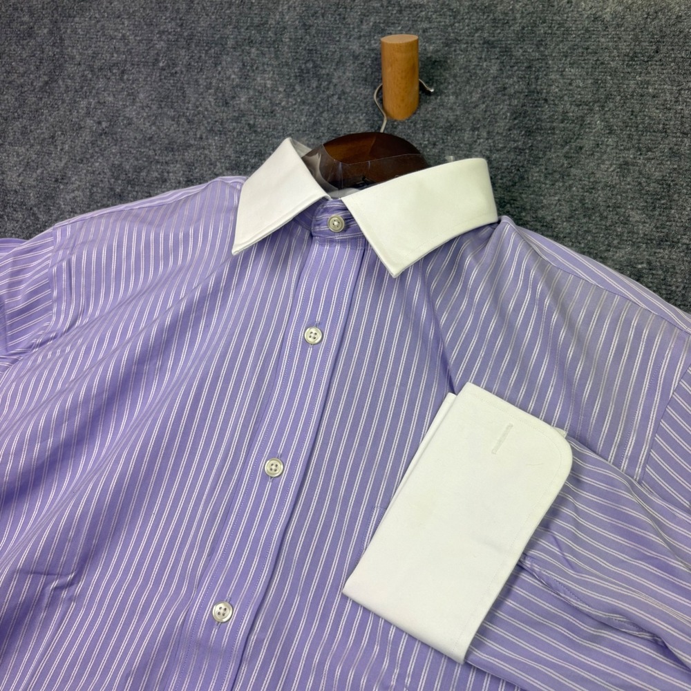 Paul Fredrick Dress Shirt Mens 16.5 32 Purple Striped French Cuff Cotton Formal